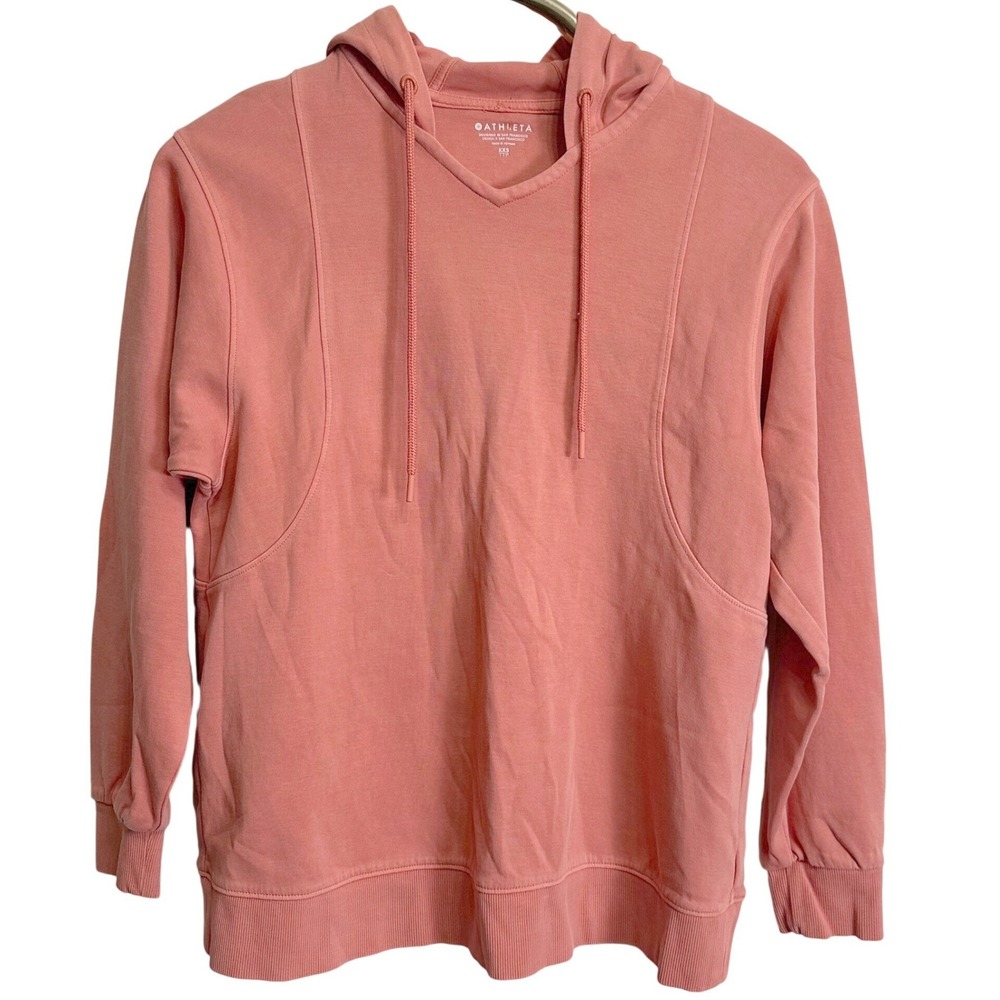 Athleta Hoodie Women XXS Pink Salmon V-Neck Cotton Blend Long Sleeve Pullover